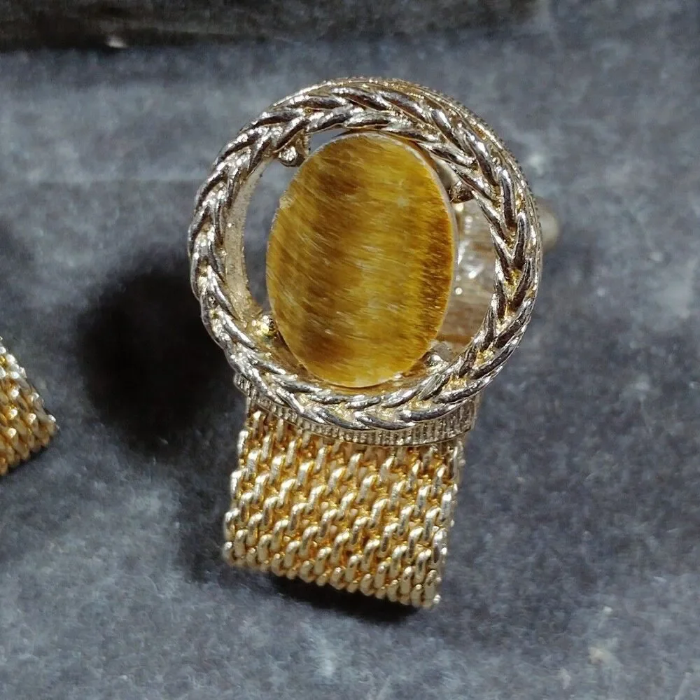 Vintage Swank Mesh Wrap Cuff Links Gold Tone Amber Box